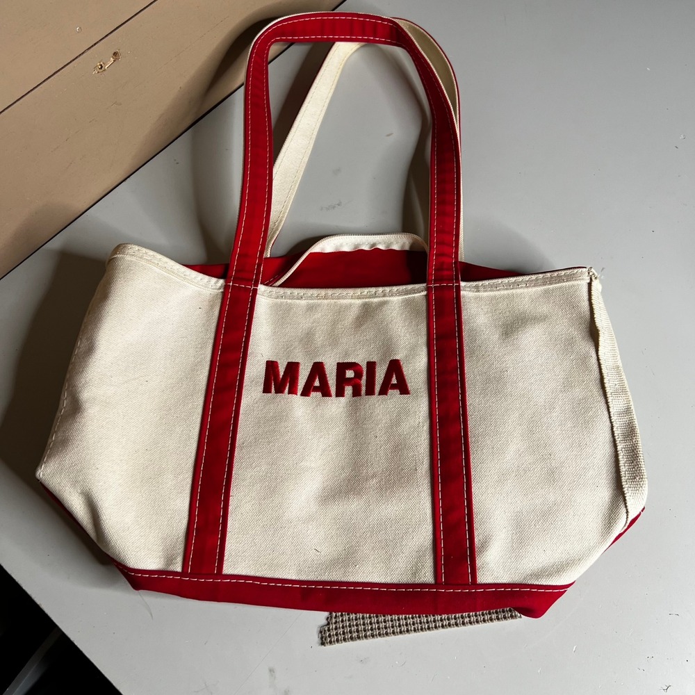 LL Bean Boat and Tote Zip Top Bag Red Cream Canvas Maria Monogram Medium USA